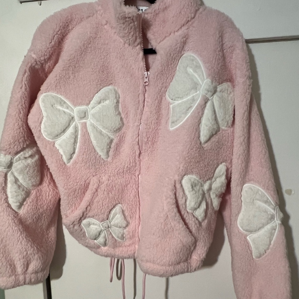 Pink Fuzzy Jacket with White Bows